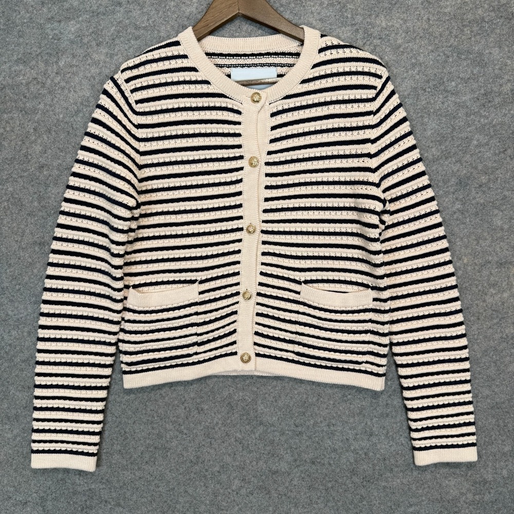 NVLT Anthropologie Lady Cardigan Sweater Jacket Womens Small Gold Buttons Stripe